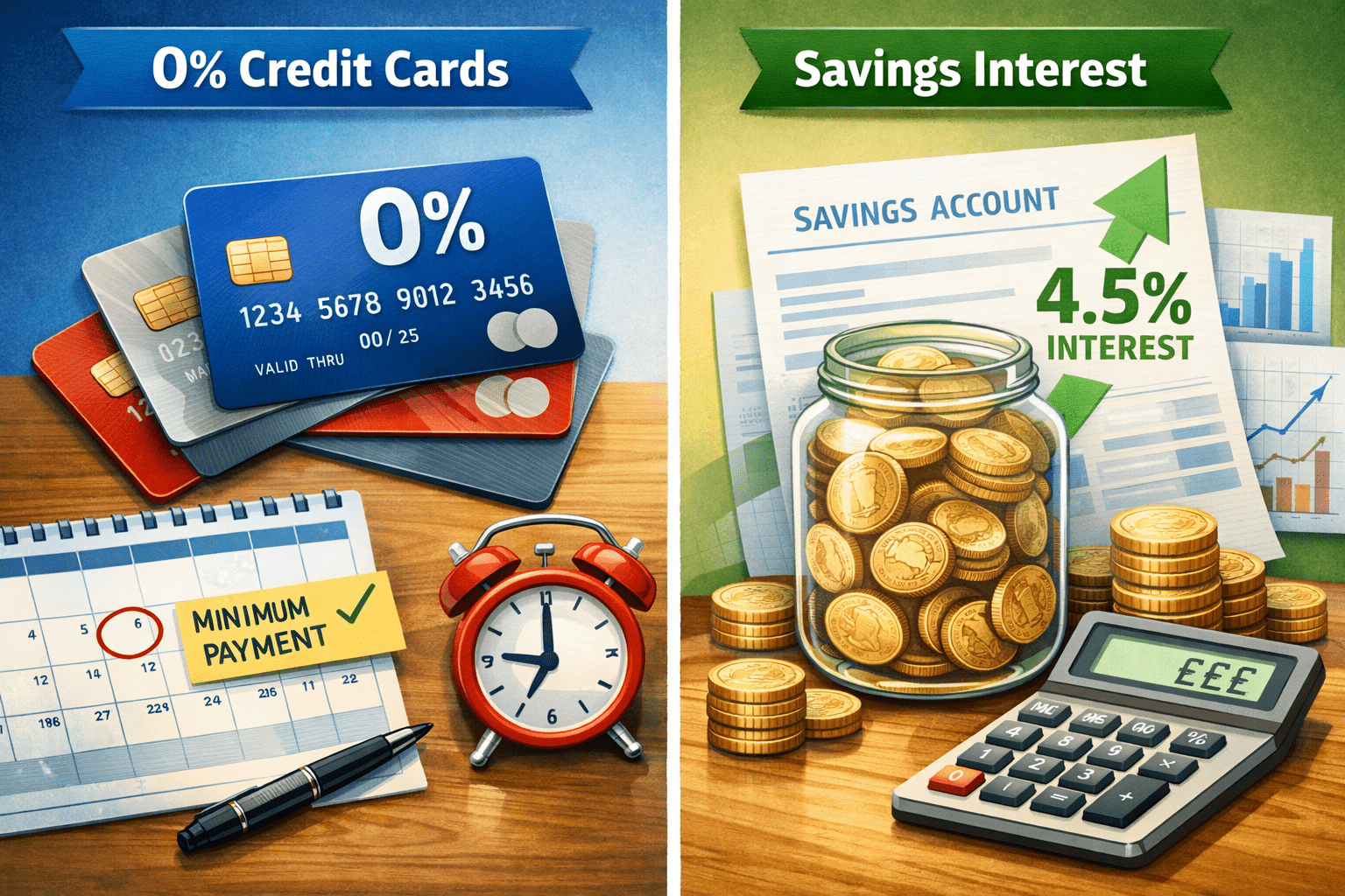 Illustration showing 0% credit cards and savings interest side by side