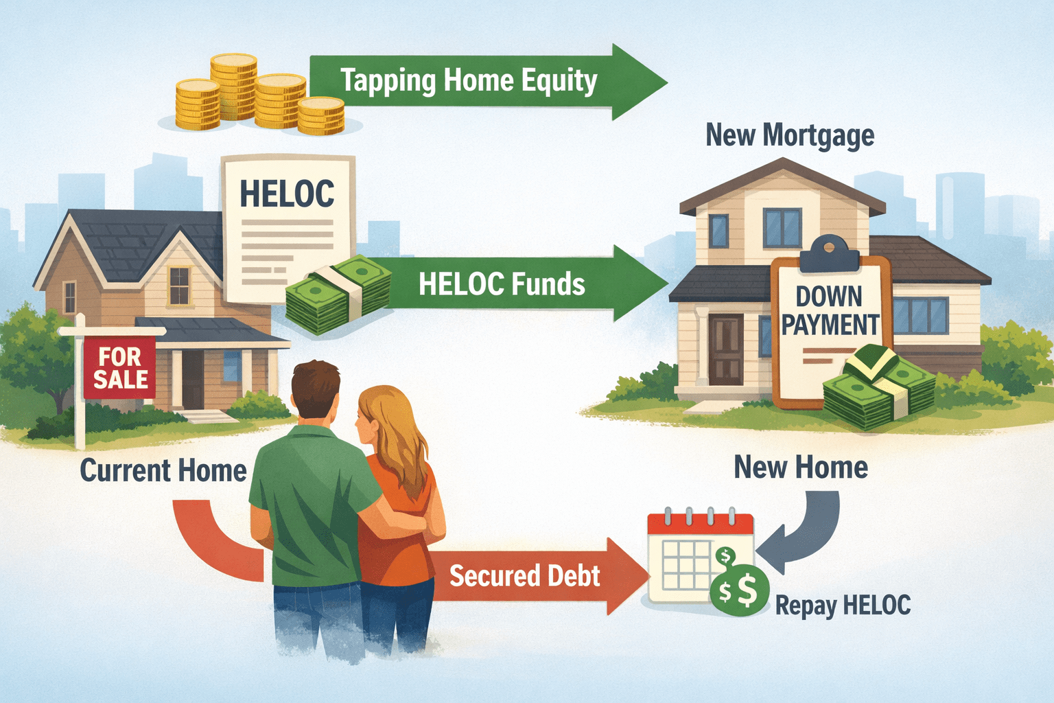 Diagram showing how home equity can be accessed through a HELOC to fund another property purchase