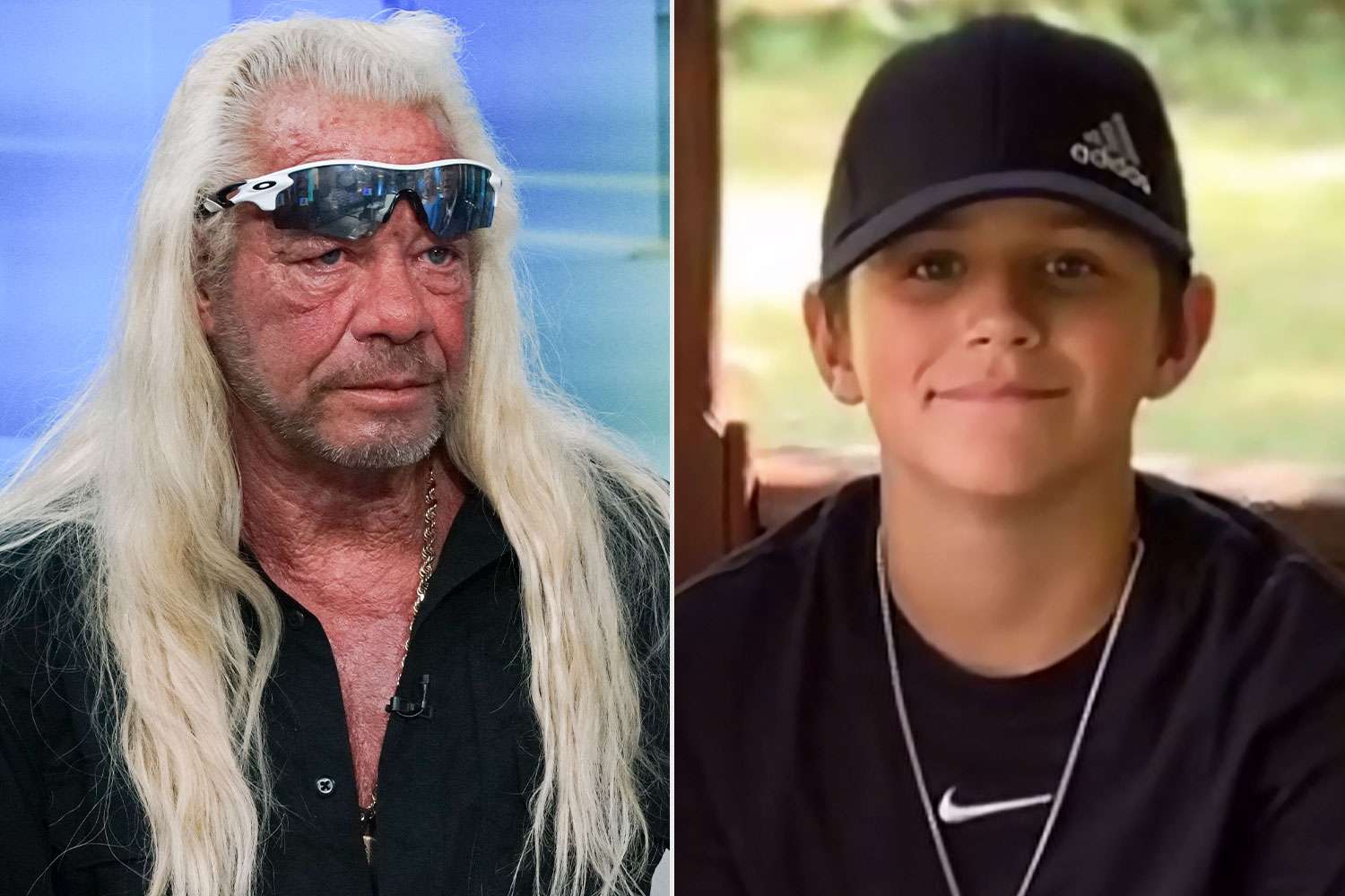 Split image showing Dog the Bounty Hunter in a separate photo alongside his 13 year old stepgrandson Anthony Zecca in a family image.