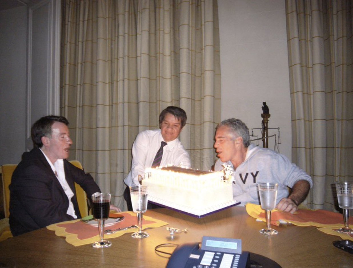 Peter Mandelson and Jeffrey Epstein pictured celebrating a birthday, highlighting a past association under renewed public scrutiny