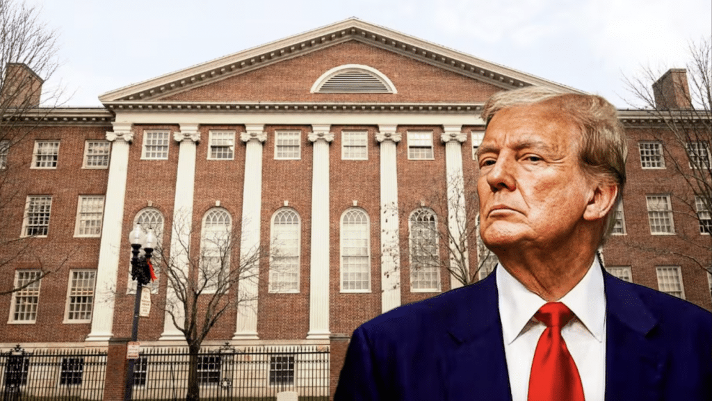 Donald Trump imposed in front of Harvard University, symbolizing the $1B funding dispute and ongoing legal clash