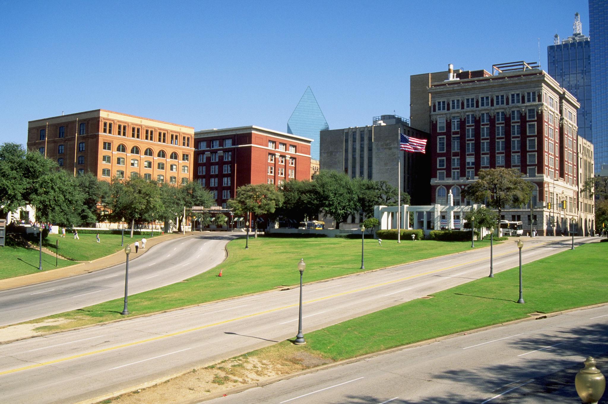 Dealey Plaza in Dallas showing the grassy knoll area connected to the JFK assassination