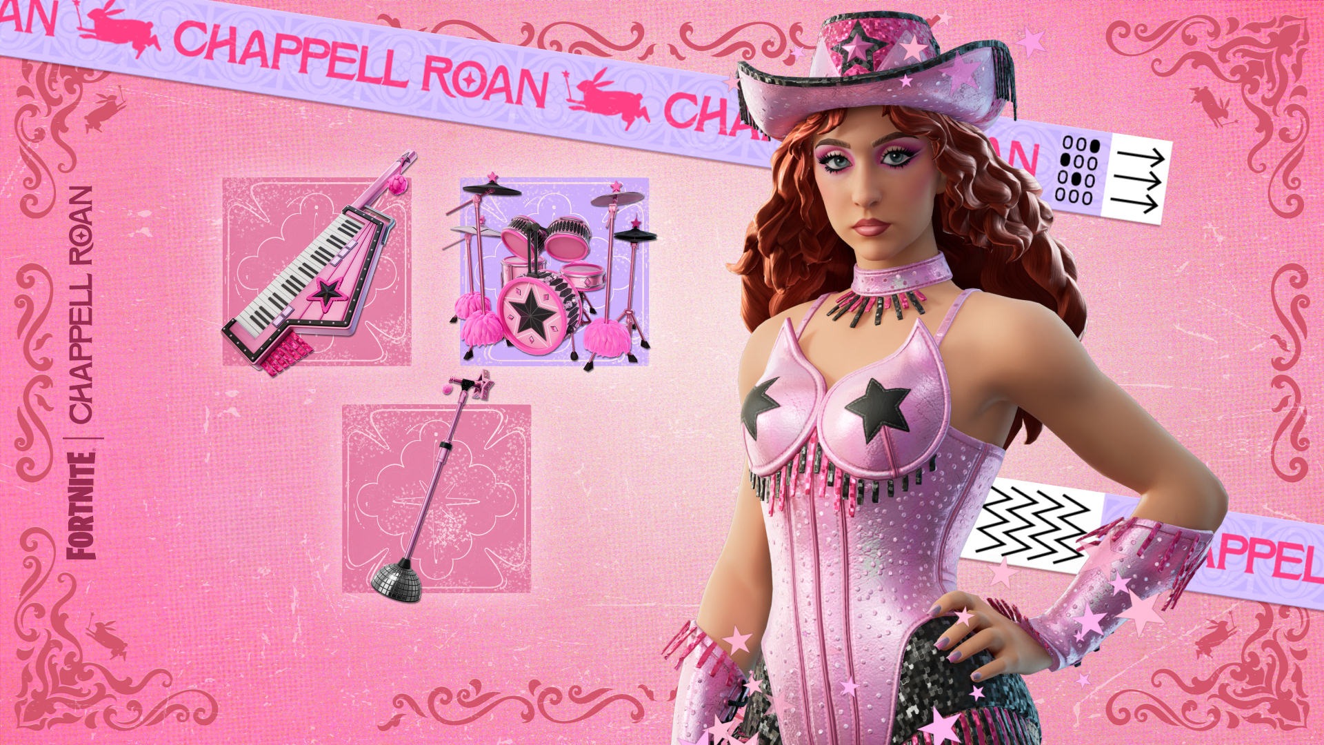 Chappell Roan Fortnite skin wearing Pink Pony Club outfit, performing with in-game Keytar in Fortnite Festival promo