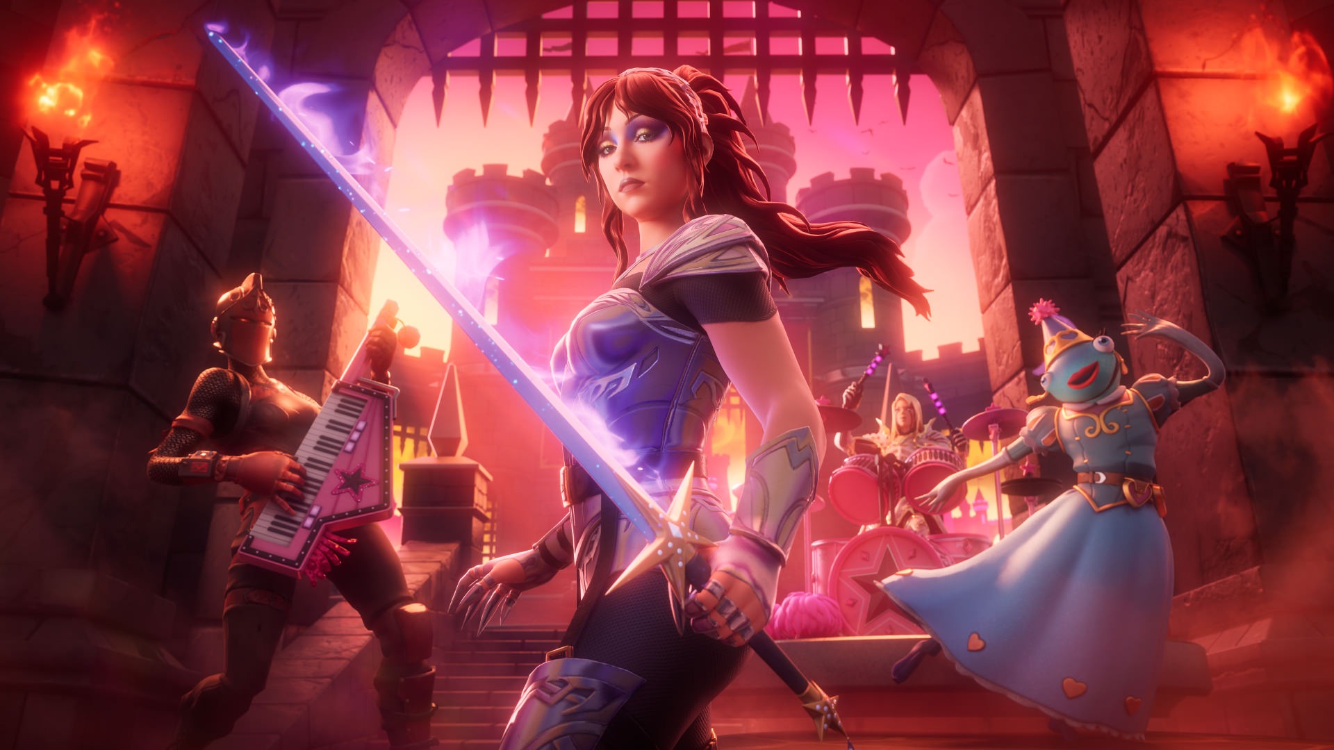 Chappell Roan Fortnite skin holding Flaming Sword pickaxe in promotional poster for Fortnite Festival season