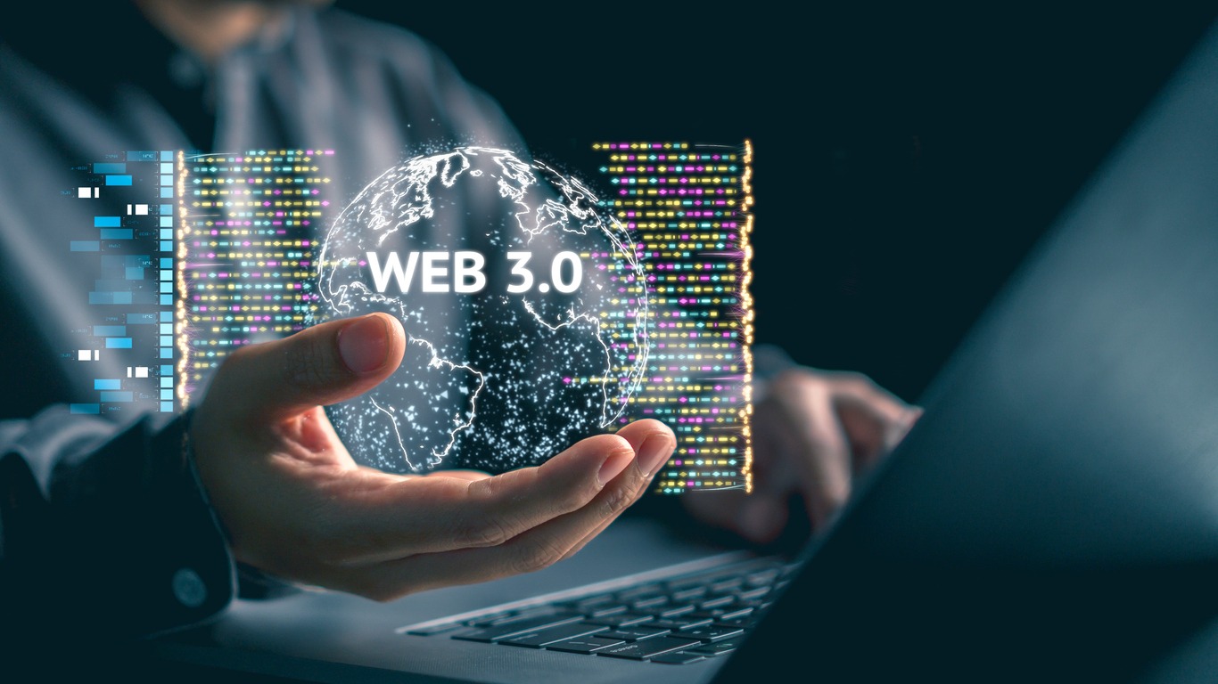 futuristic web3 technology concept: decentralized blockchain network with smart contracts and cryptocurrency.