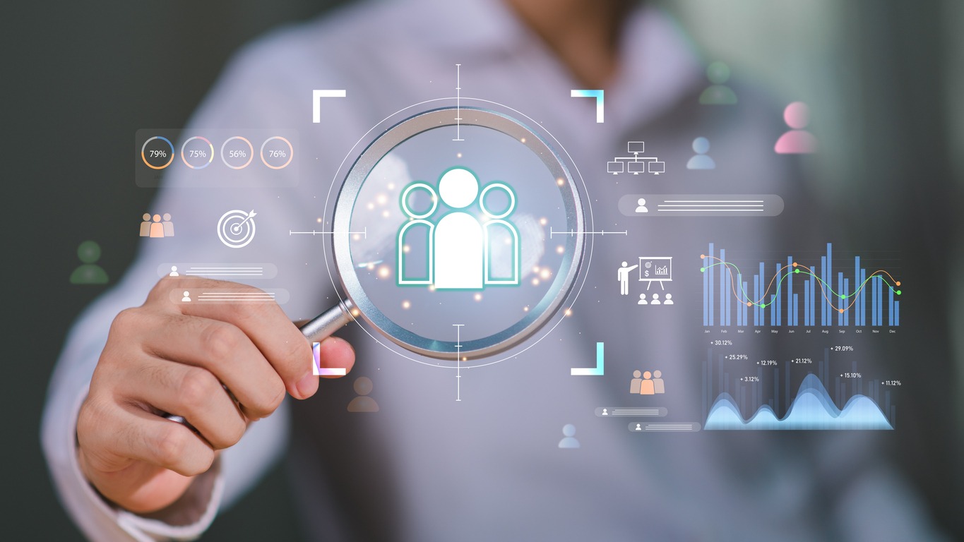 people icon with analytics and data visualization elements, representing customer analysis, target audience research, marketing strategy, data driven decision making for sustainable business growth