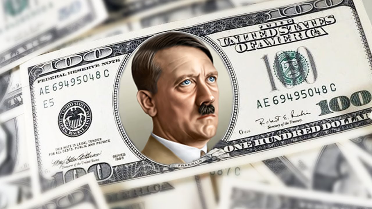 A U.S. $100 bill digitally altered to show Adolf Hitler’s face in the center, symbolizing his historical wealth from Mein Kampf.