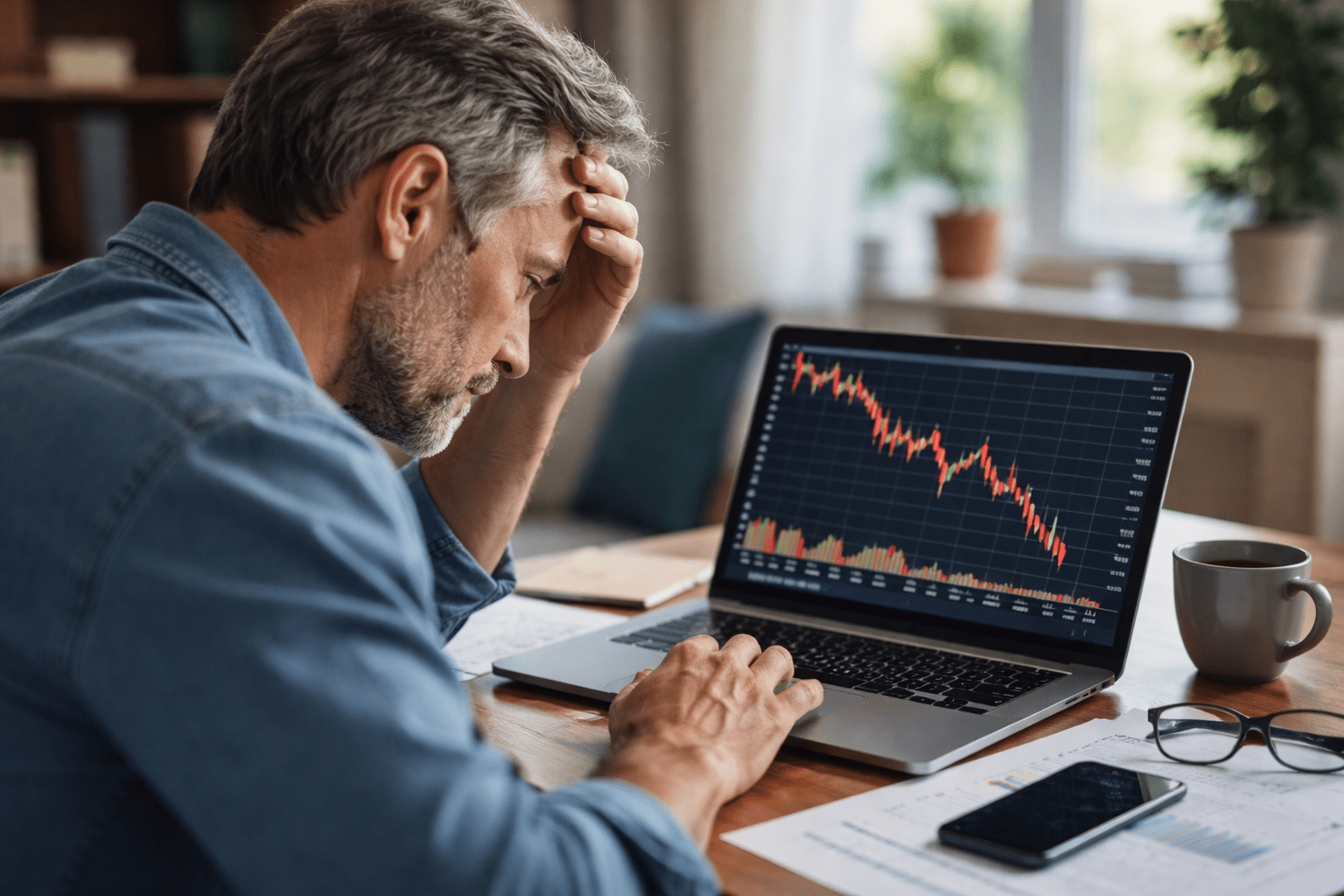 Investor watches falling stock prices on a laptop during a market sell-off
