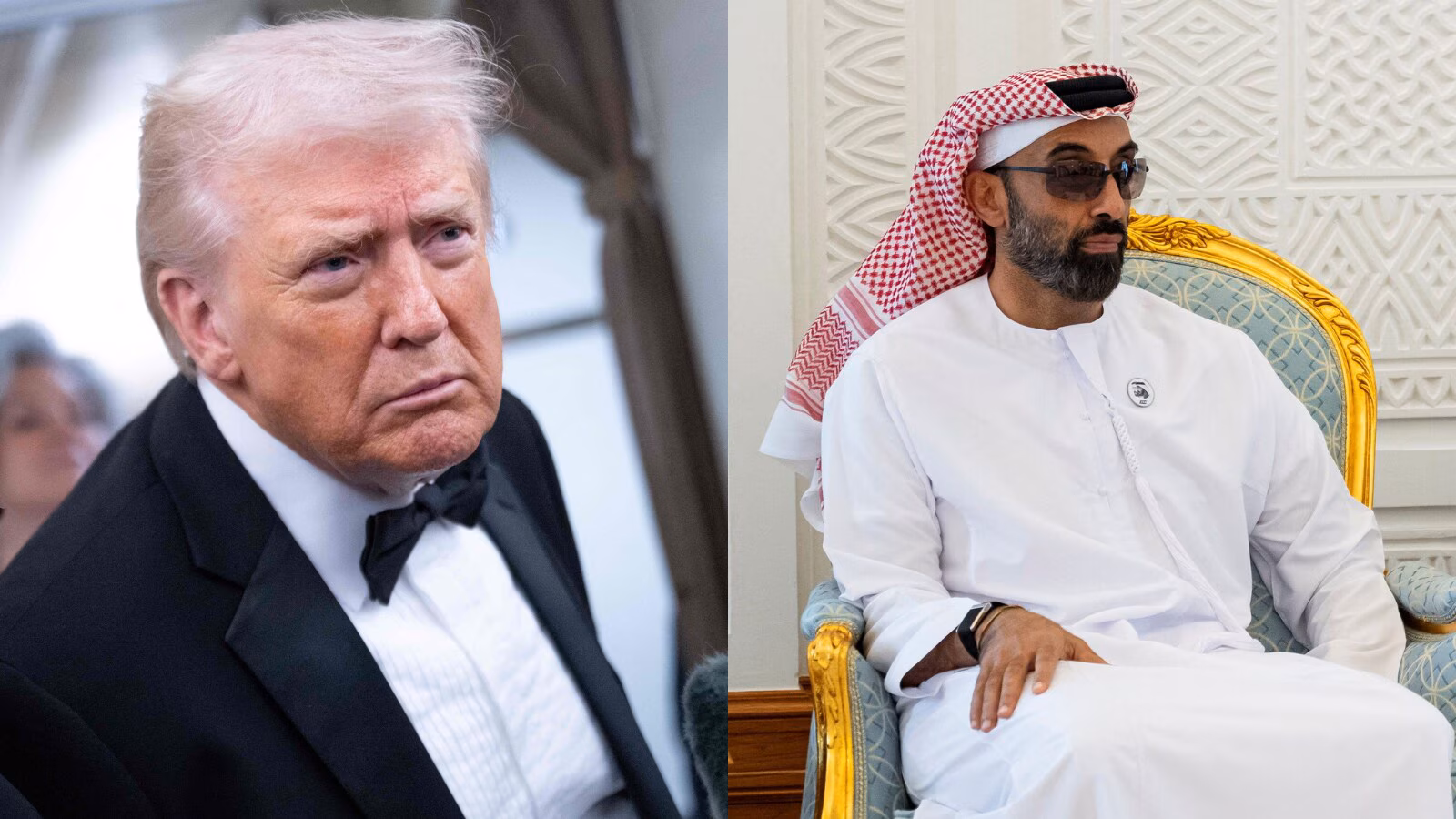 Split image showing Donald Trump and Sheikh Tahnoon bin Zayed Al Nahyan, emphasizing their linked financial and political dealings.