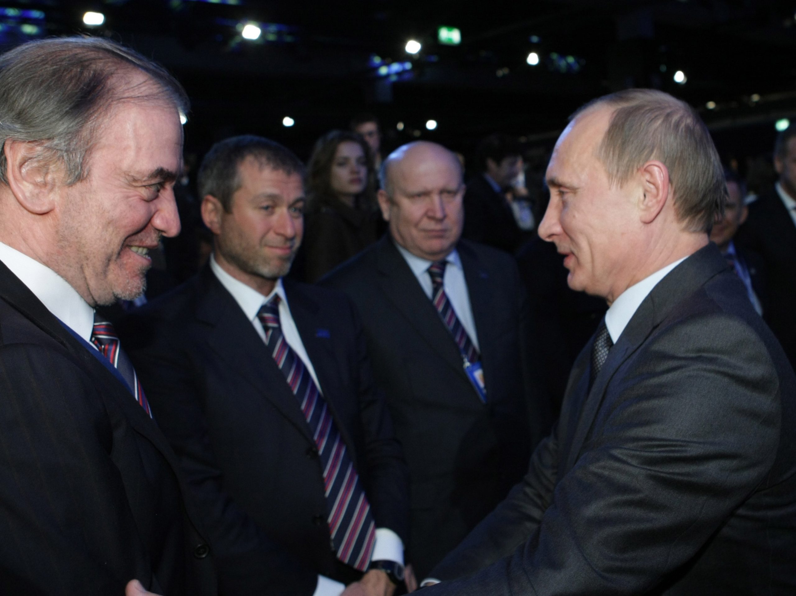 Vladimir Putin meeting Russian oligarchs in the Kremlin during economic discussions