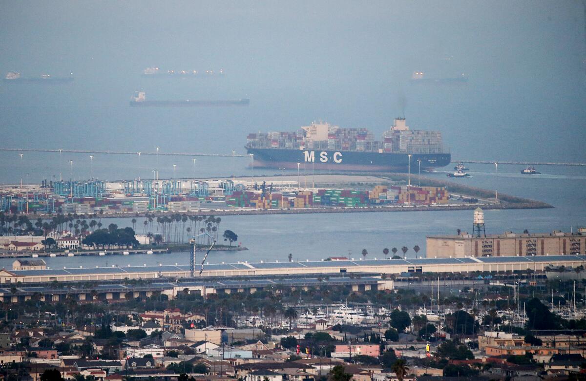 Container ships and cargo cranes at the Port of Los Angeles