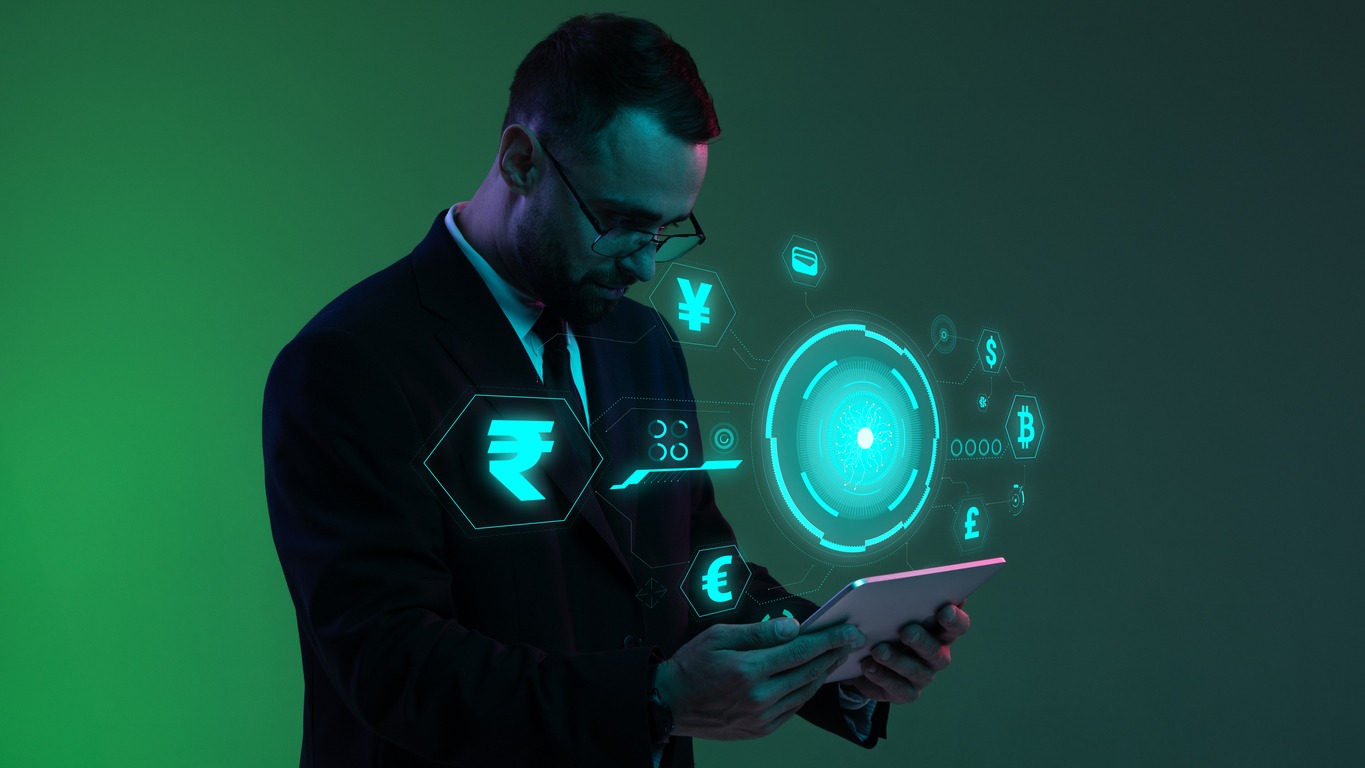 businessman with digital currency icons and green holographic interface in neon lightning