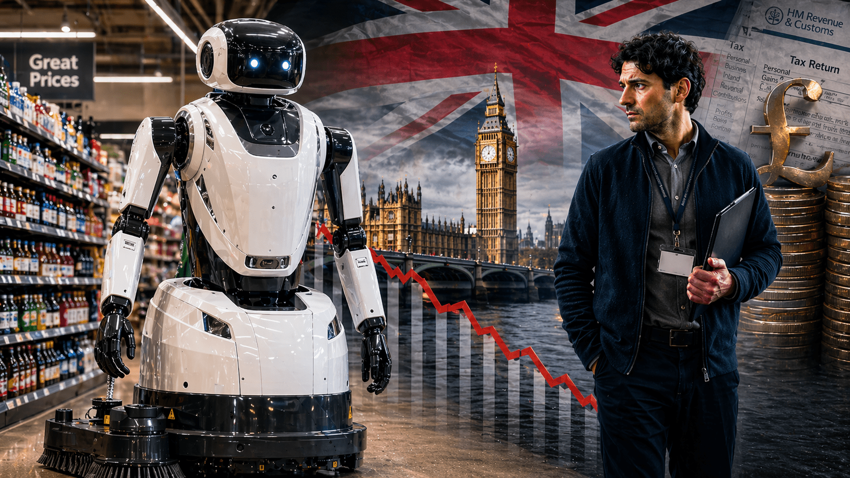 Retail robot and human worker against a UK political and tax backdrop illustrating AI job displacement and tax policy