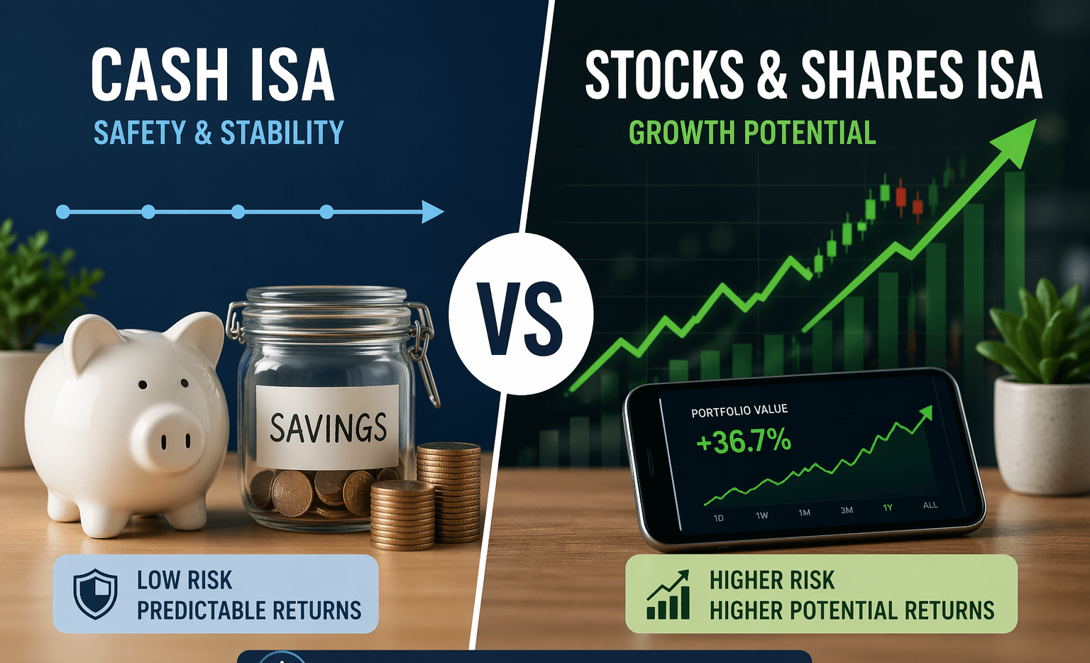 Cash ISA vs Stocks and Shares ISA comparison showing savings stability and investment growth in 2026
