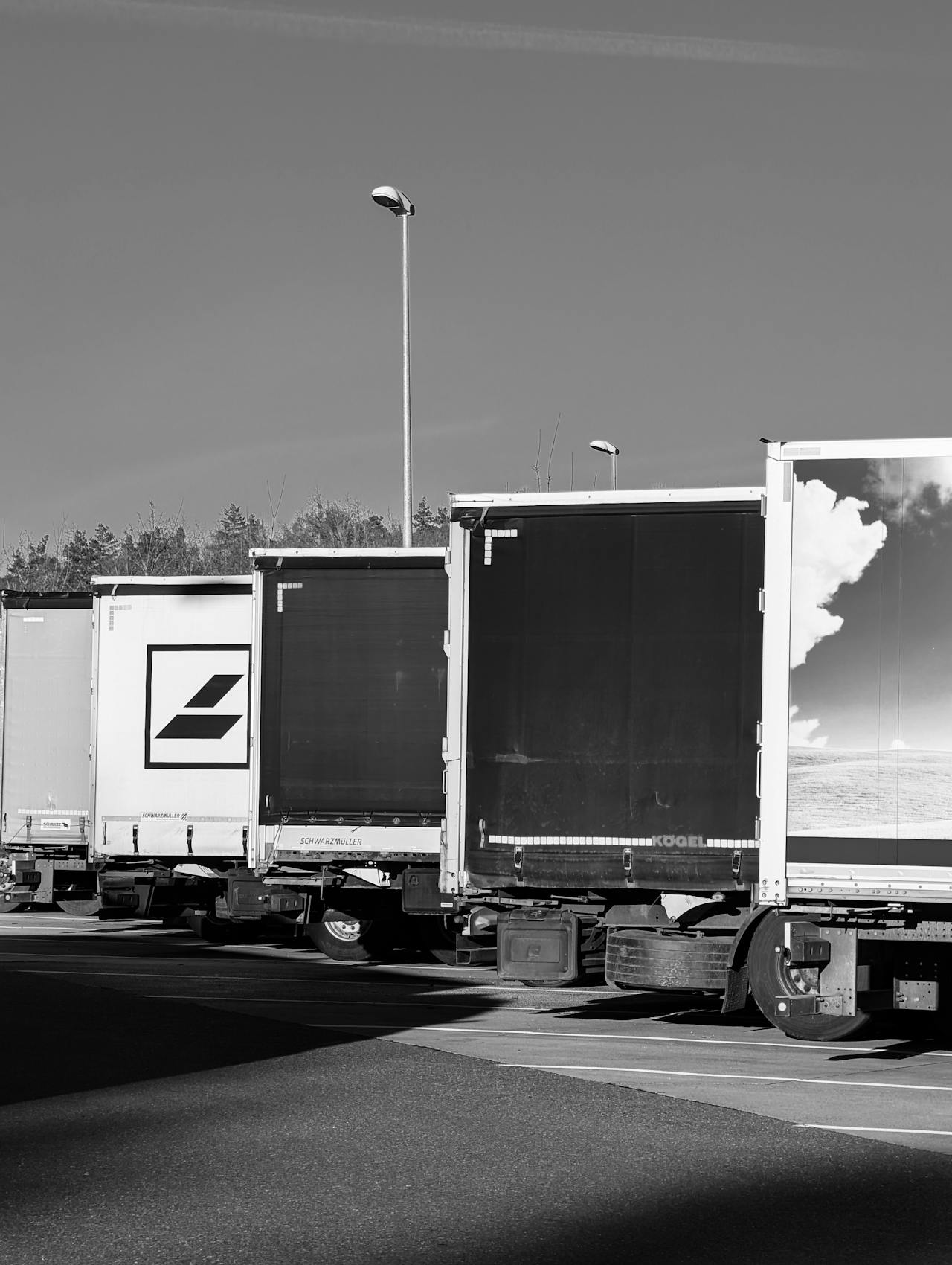 Black and White Semi Truck Lineup Outdoors