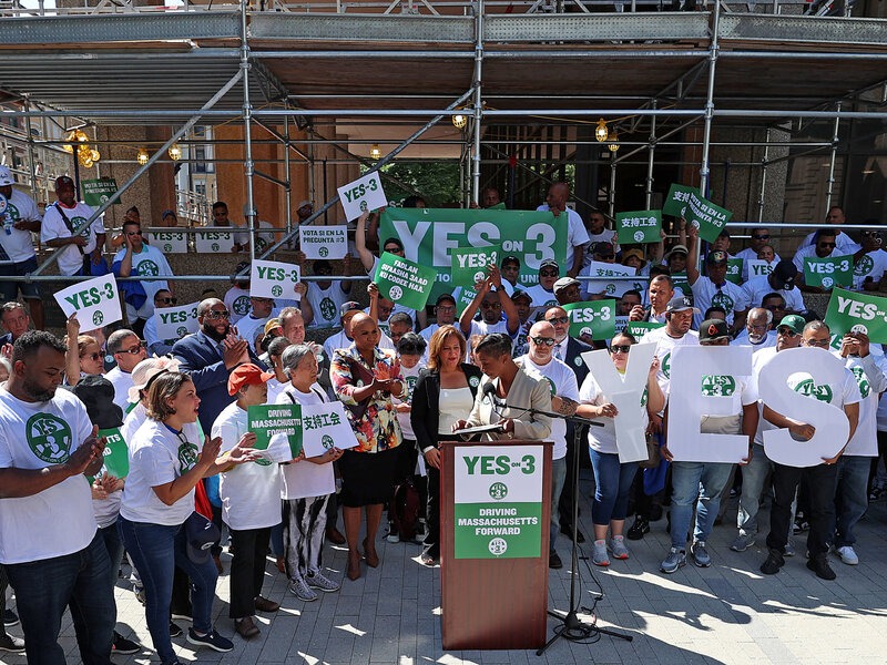 Uber and Lyft drivers gather outside the Massachusetts State House after historic union certification.