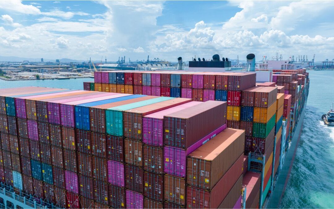 Singamas shipping container being lifted at an international cargo port