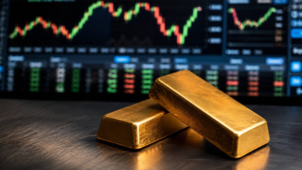 Gold bars displayed near financial charts during rising Iran conflict and inflation fears
