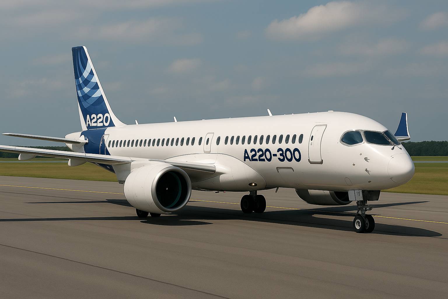 Employees assemble an Airbus A220 aircraft inside a manufacturing facility.