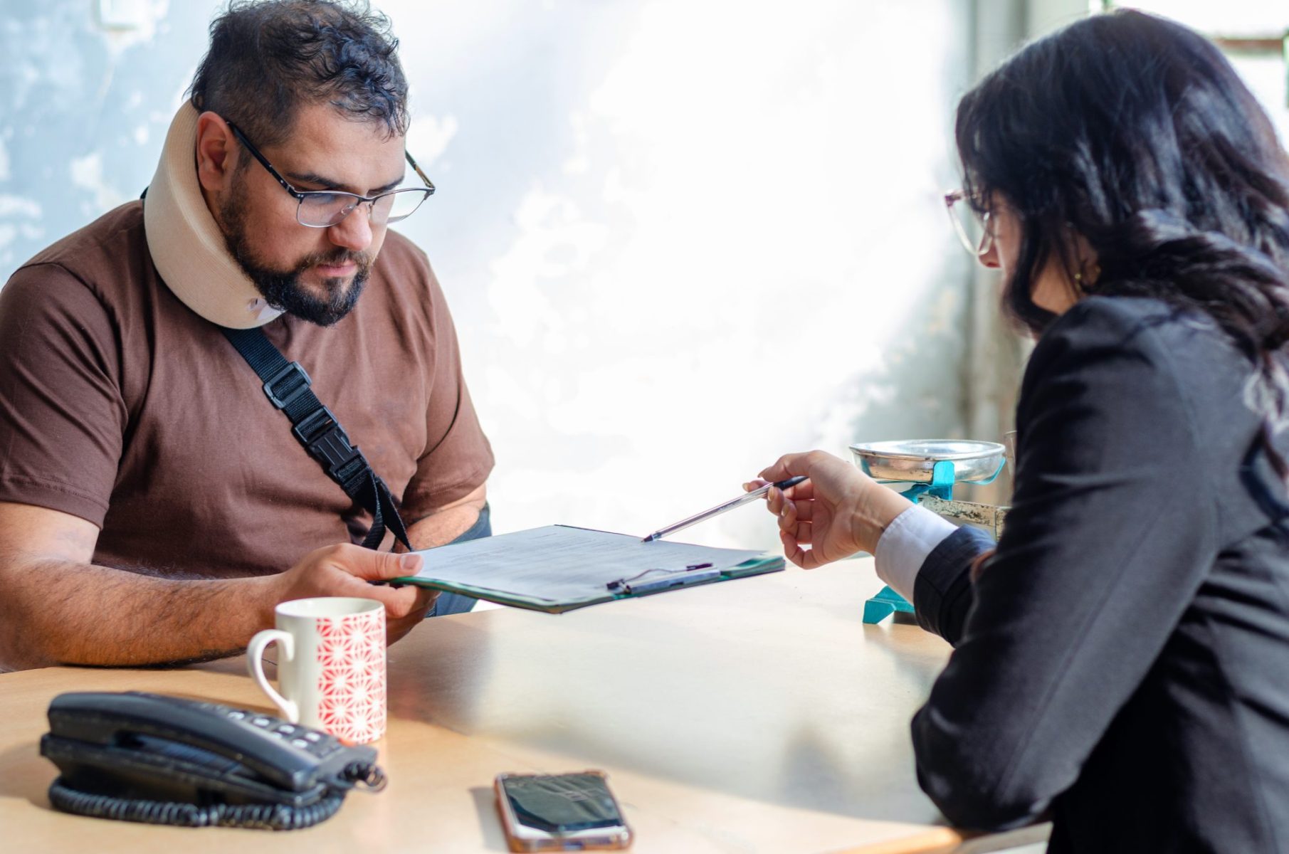 Personal injury attorney reviewing accident claim documents with injured client