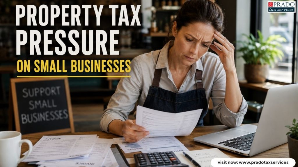 Small business owner reviewing commercial property tax expenses and financial planning documents in 2026.