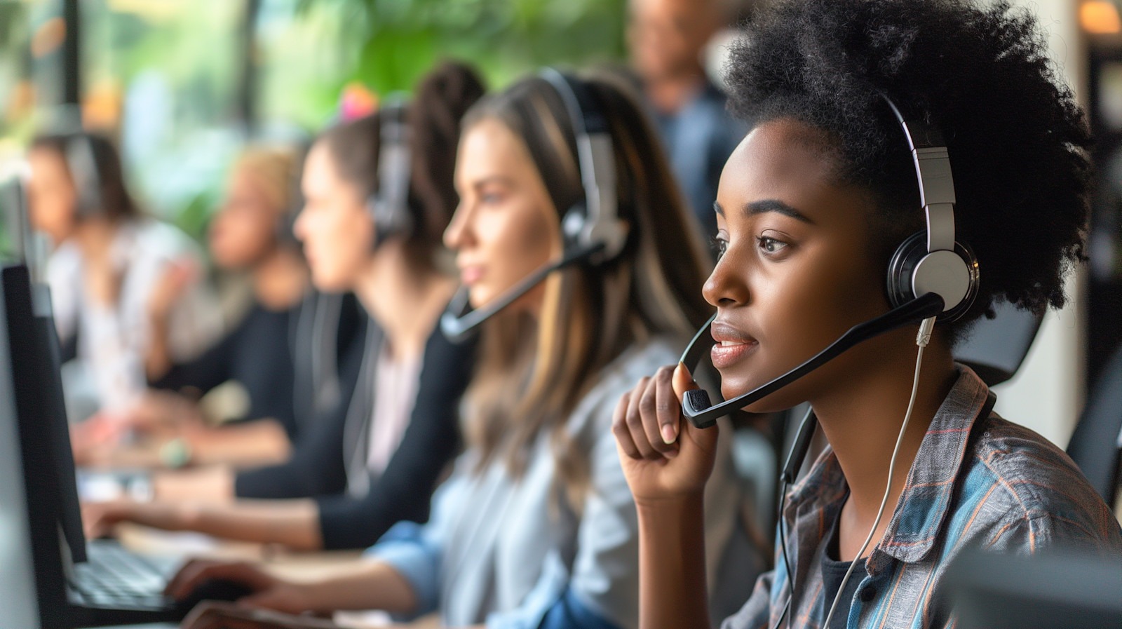 Call centre workers operating alongside artificial intelligence customer service technology.