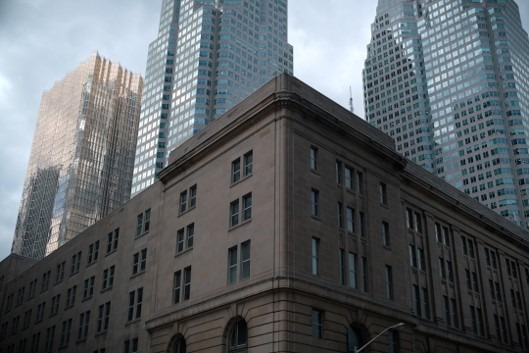 A view of downtown Toronto's financial district with tall glass office towers