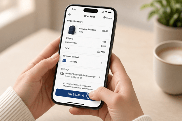 Customer completing a mobile checkout, showing the moment between the purchase decision and the payment.