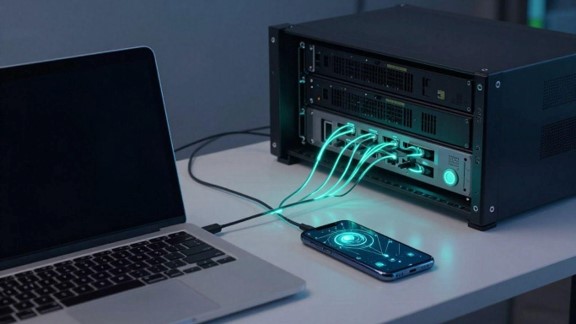 laptop plugged into secure box