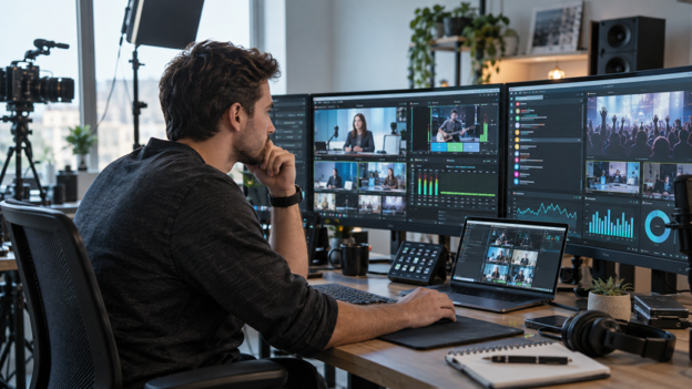 multiple computer screens man looking at them