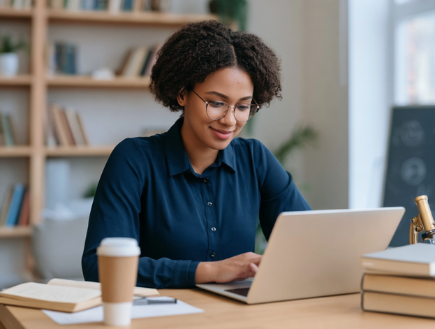 woman with coffee looking at laptop