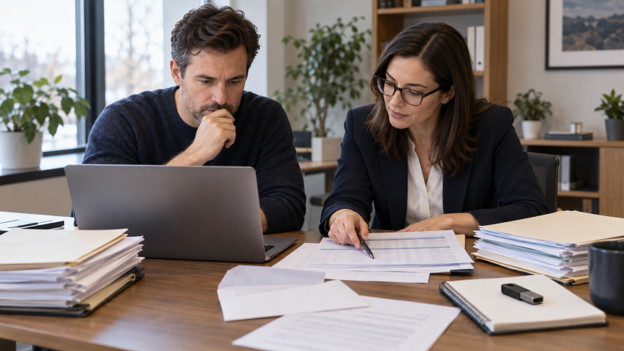 looking at a laptop discussing finance in a business