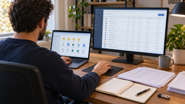 working at a desk with a desktop